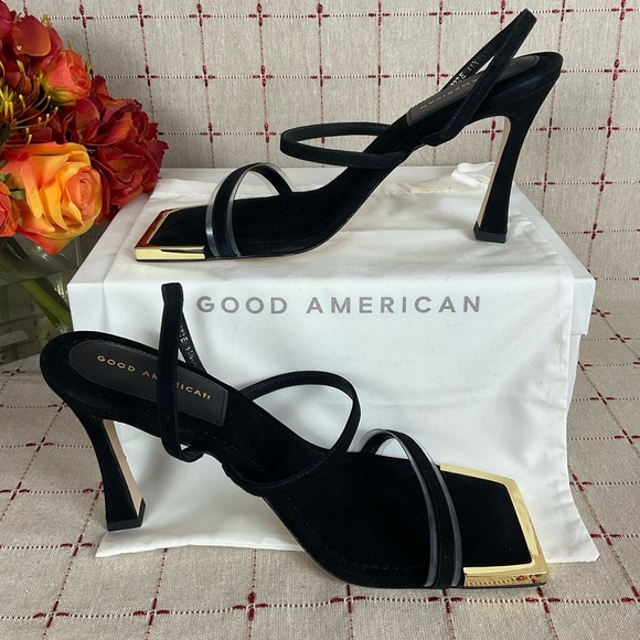 Good American Suede Strappy Heels Gold Square Toe Sz 11.5 Black Leather New - Picture 2 of 6